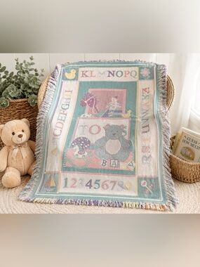 VTG Woven Baby Alphabet Teddy Bear Nursery Throw Blanket Pastel Fringe Tapestry